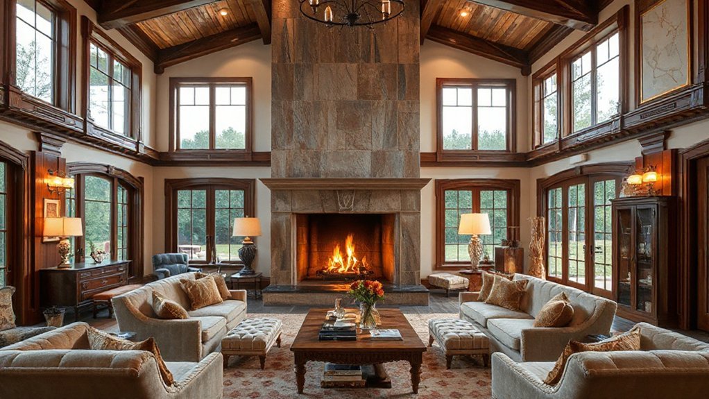 central inviting timeless fireplace Luxury interior themes for large country homes
